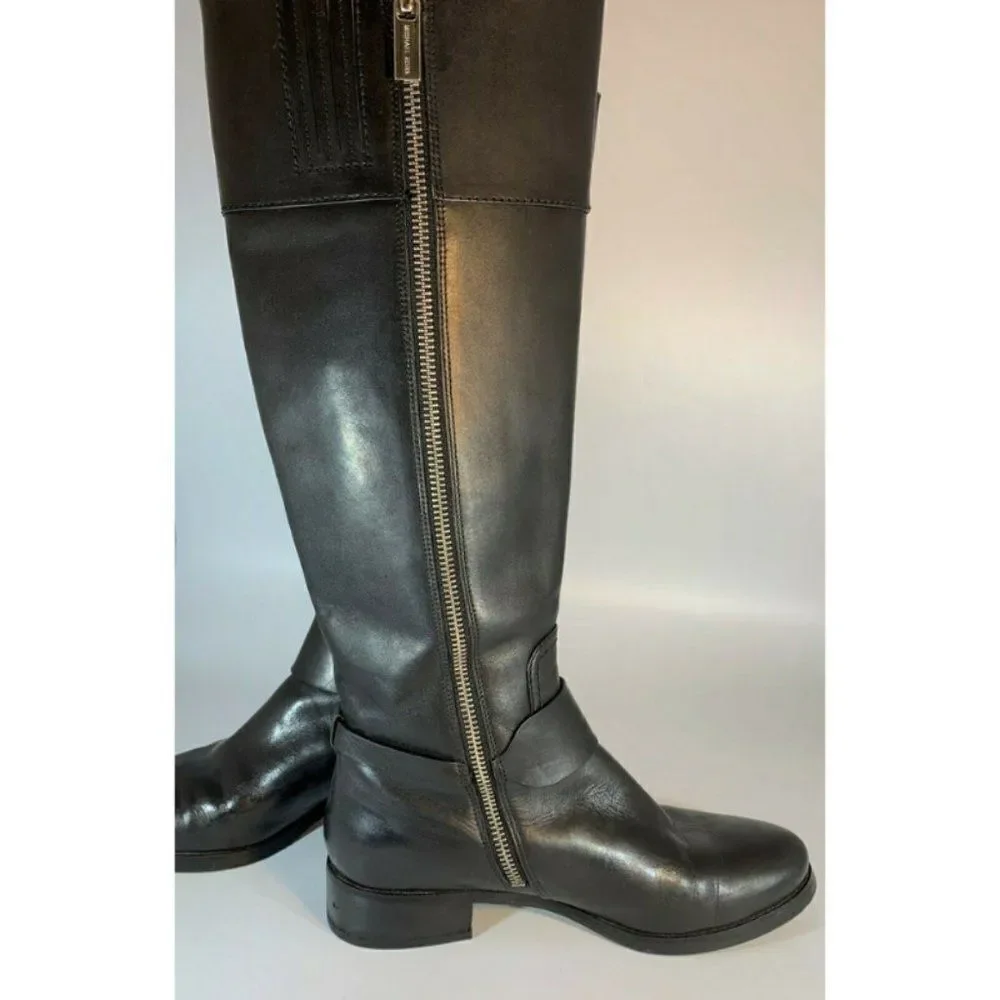 Michael Kors Women Black Leather Riding Harness Boots Knee High Size 6M